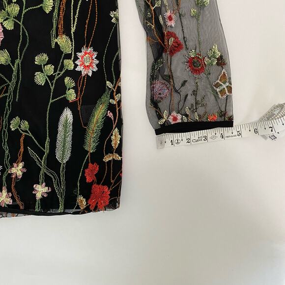 Entro Blouse Floral Black and Multi Color Embroidered Mesh Sleeve - Picture 7 of 7